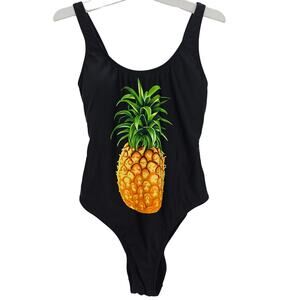 California Sunshine Woman size M Black Lace Up Back Pineapple One Piece Swimsuit